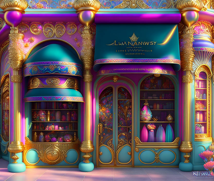 Elaborate Purple and Gold Storefront Decor with Fancy Sign