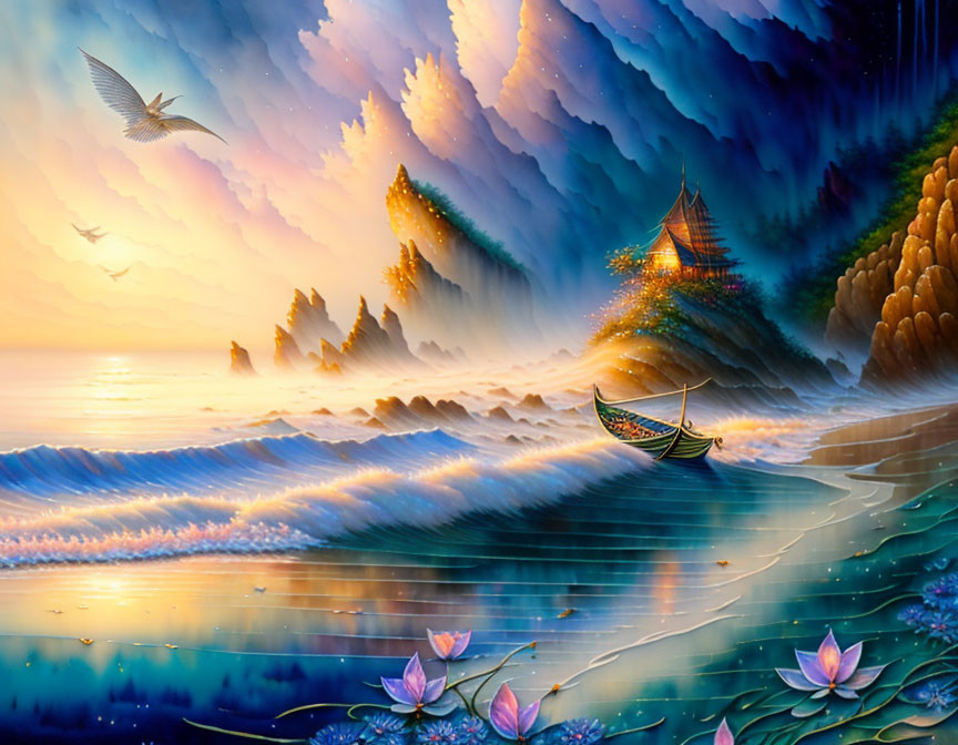 Fantasy seascape with boat, glowing flowers, bird, and dramatic sky