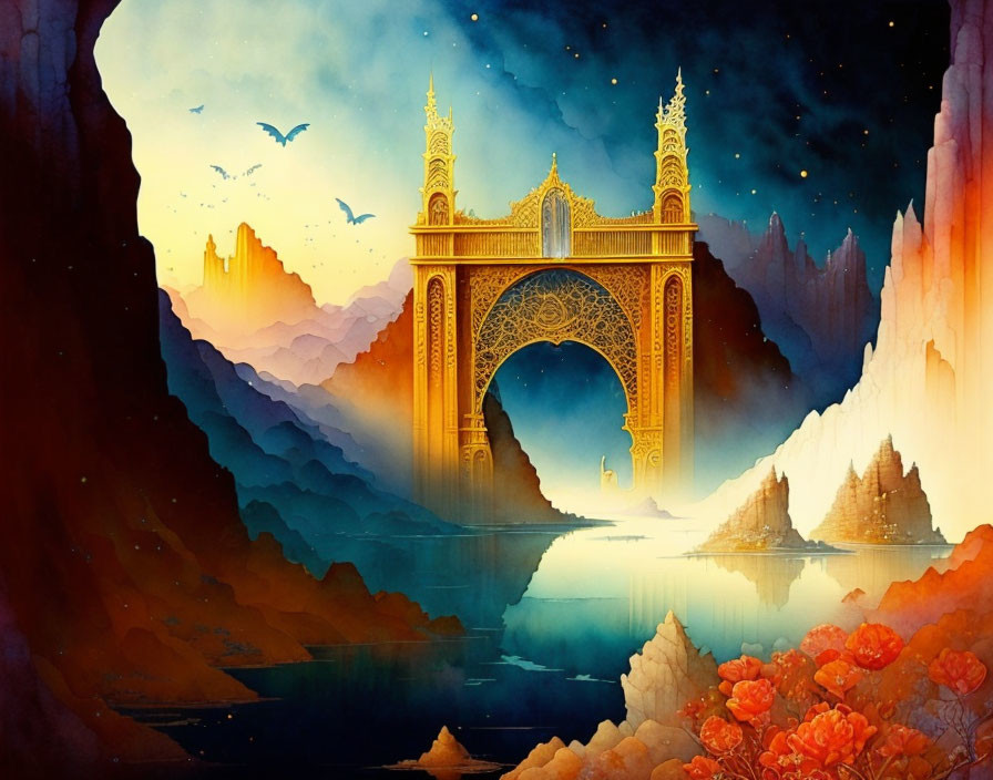 Golden ornate gate in fantasy landscape with cliffs, colorful skies, and birds.