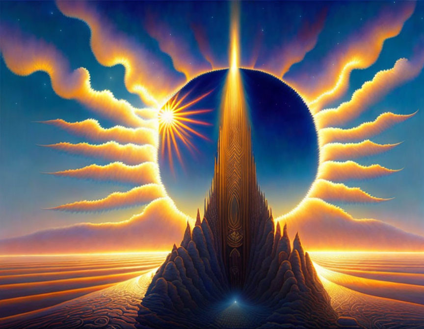 Surreal landscape with radiant sun and towering structure in celestial setting