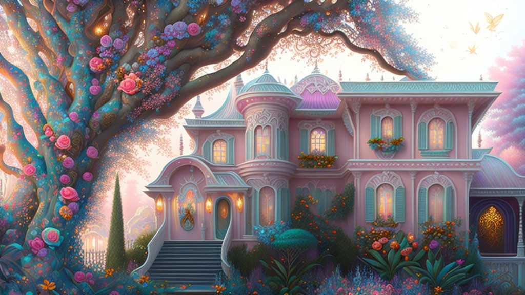 Whimsical pink Victorian-style house with vibrant flowers and magical tree