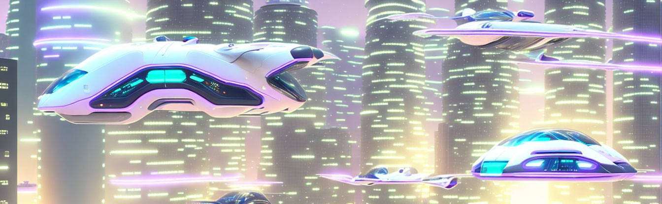 Neon-lit cityscape with futuristic flying vehicles