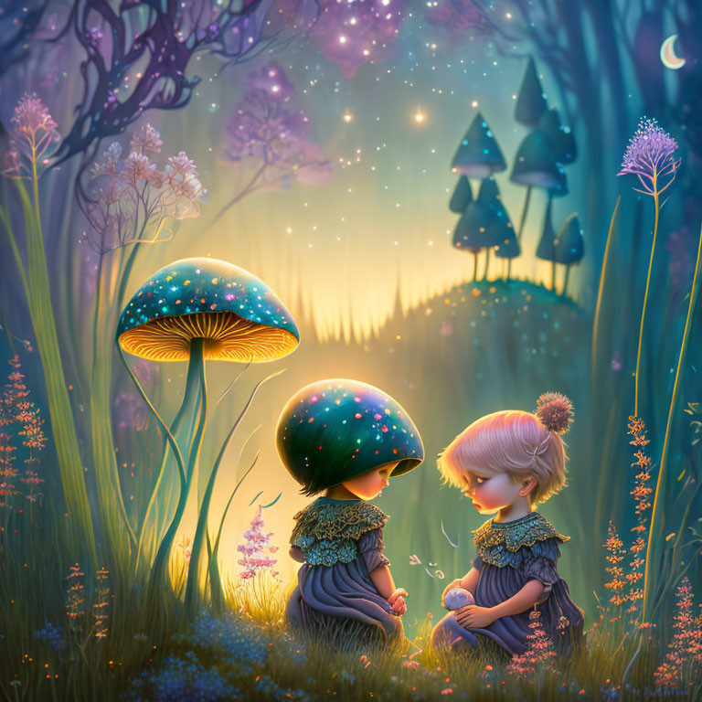 Illustrated children with mushroom hats in magical forest glade at dusk