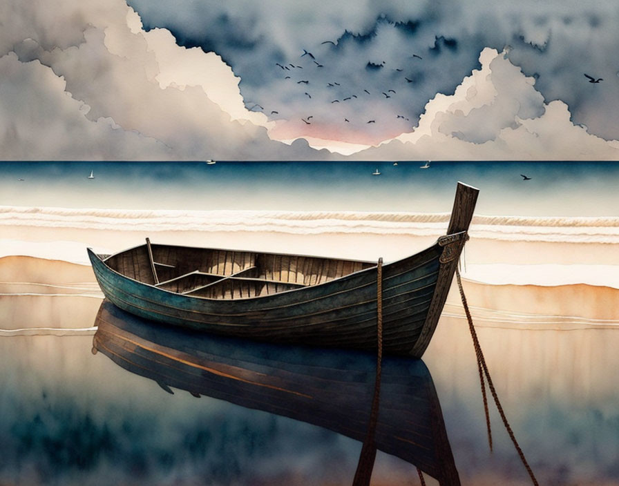 Tranquil painting of wooden boat on calm water with cloudy sky