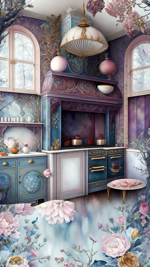 Pastel-colored kitchen with floral patterns and floating flowers