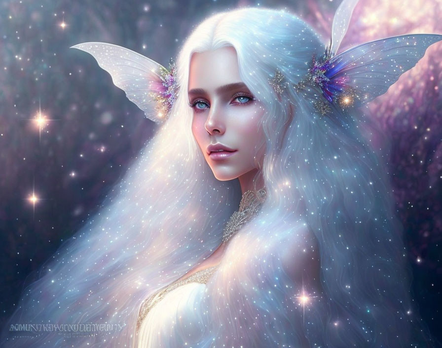 Fantasy figure with ethereal wings in starry setting