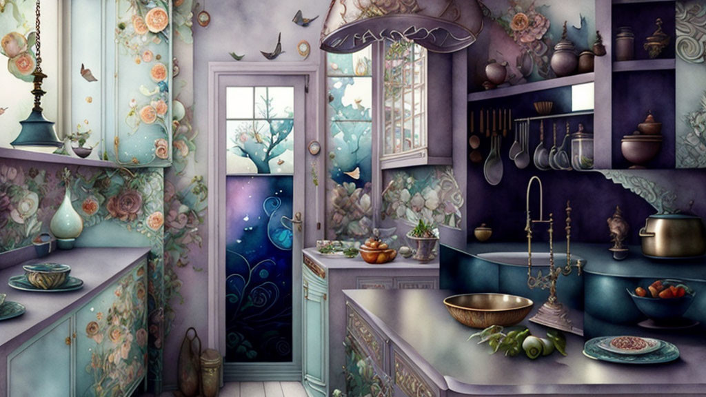 Whimsical kitchen illustration with lavender walls and mystical door