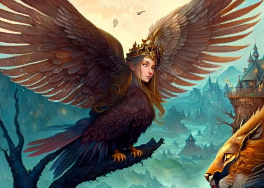 Bird-human hybrid with crown flies over fantasy landscape.