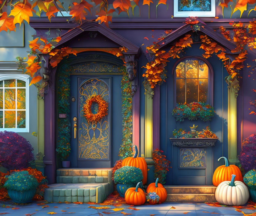 Blue ornate door with wreath, pumpkins, and autumn leaves for cozy fall vibe