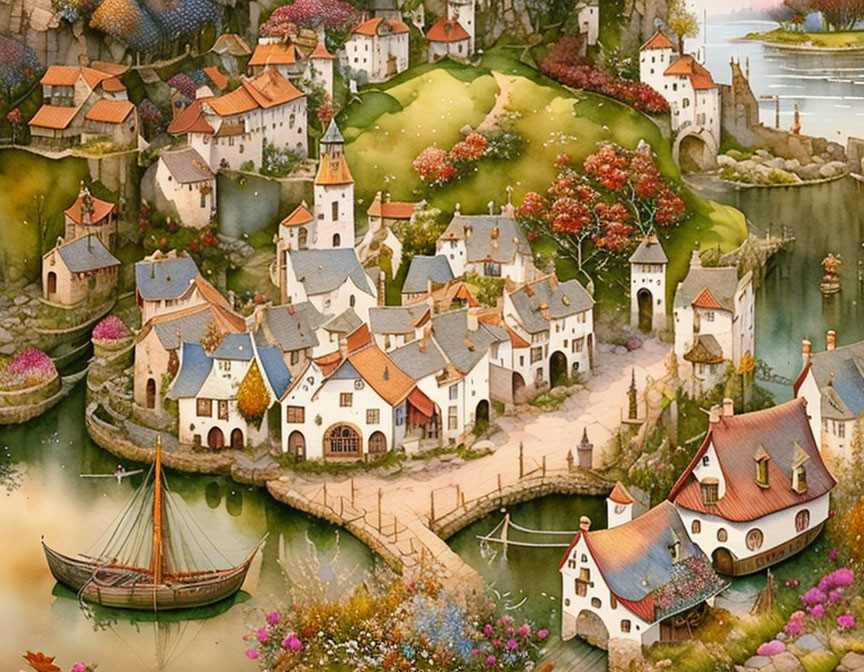 Scenic village with castle, river, and sailing boat