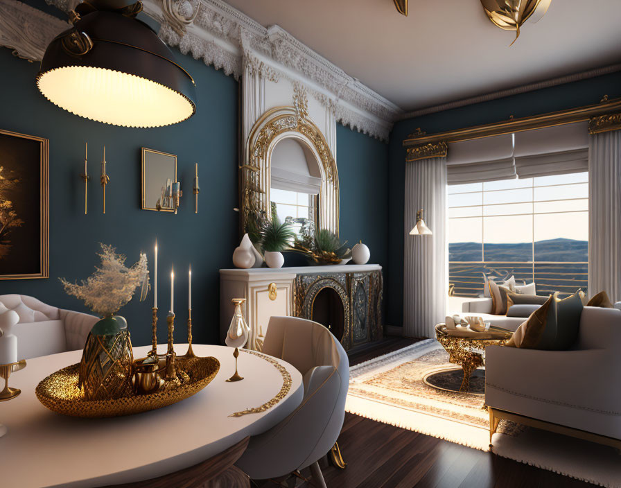 Sophisticated living room with dark teal wall, white moldings, fireplace, window view, gold