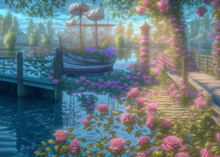 Fantasy-like twilight scene with gondola, pink roses, and tranquil waters