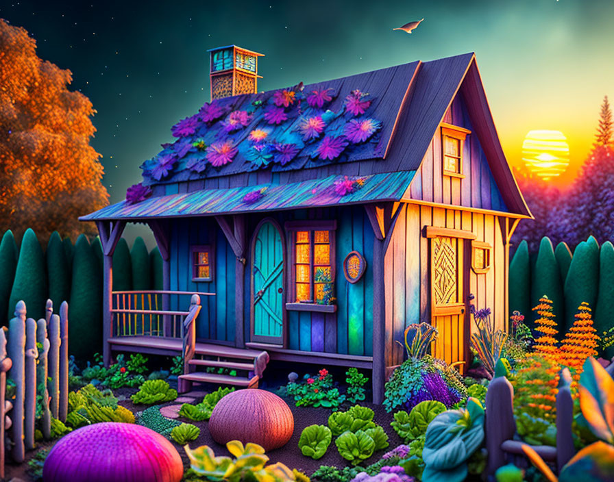 Whimsical cottage with flower-covered roof in vibrant garden at sunset