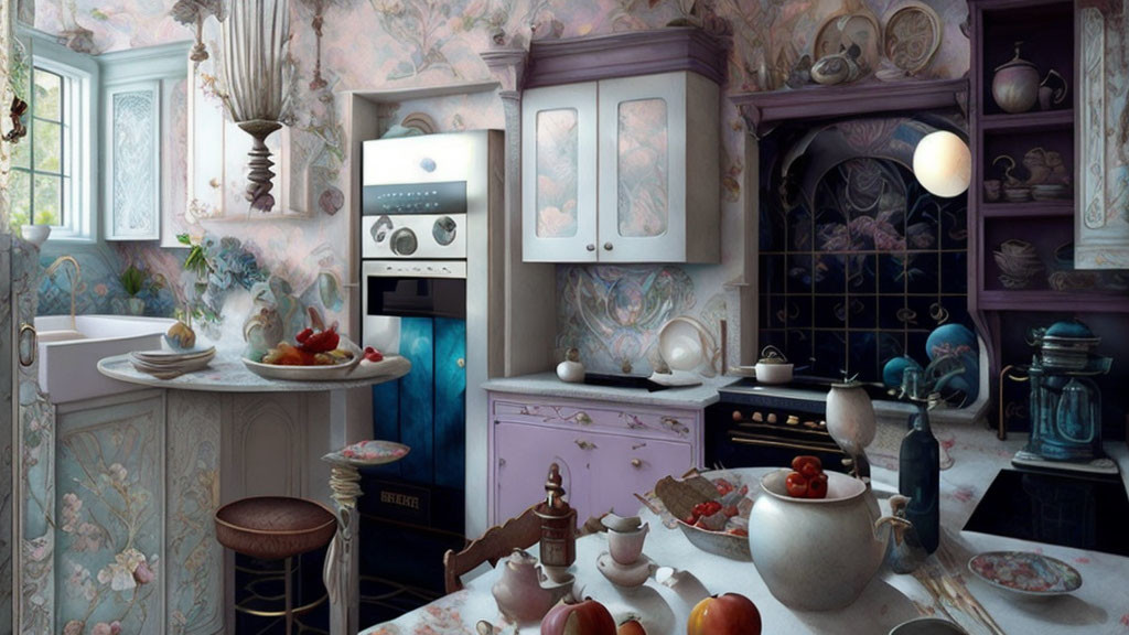 Vintage Kitchen with Floral Wallpaper & Antique Decor