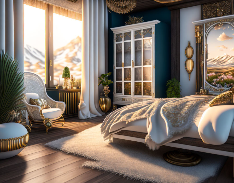 Luxurious Classic Bedroom with Large Bed and Mountain View