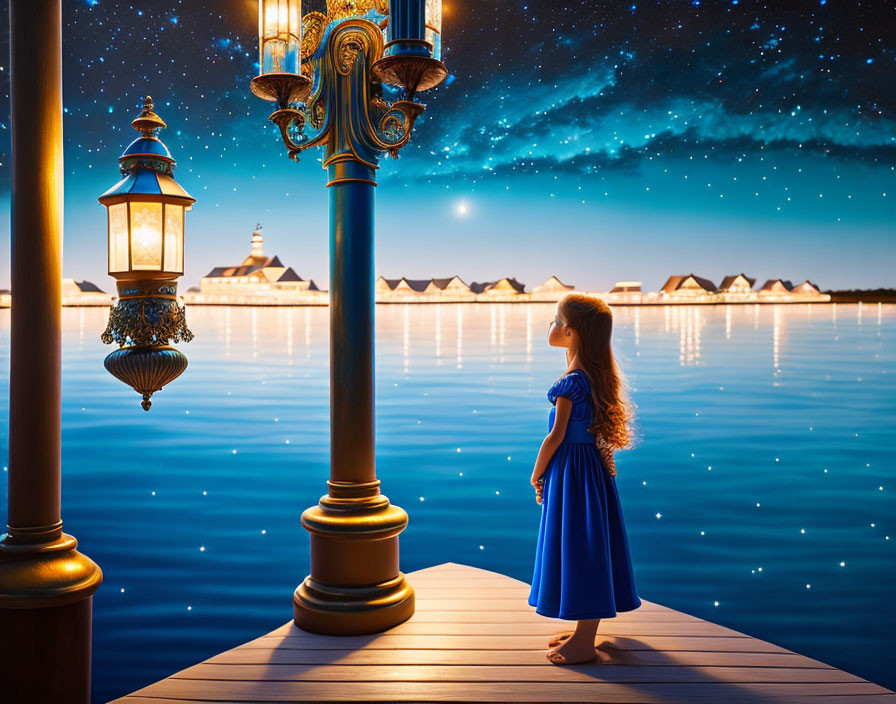 Young girl in blue dress on jetty at night with starry sky and bungalows.