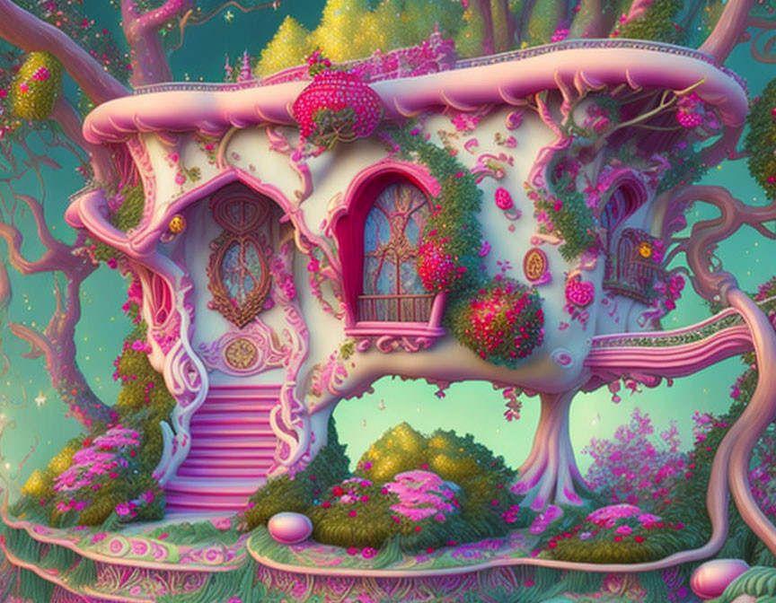 Pink fantasy house with mushroom-like structures and lush vegetation in mystical forest.