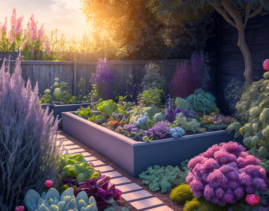 Tranquil Sunset Garden with Vibrant Plants and Stone Pathway