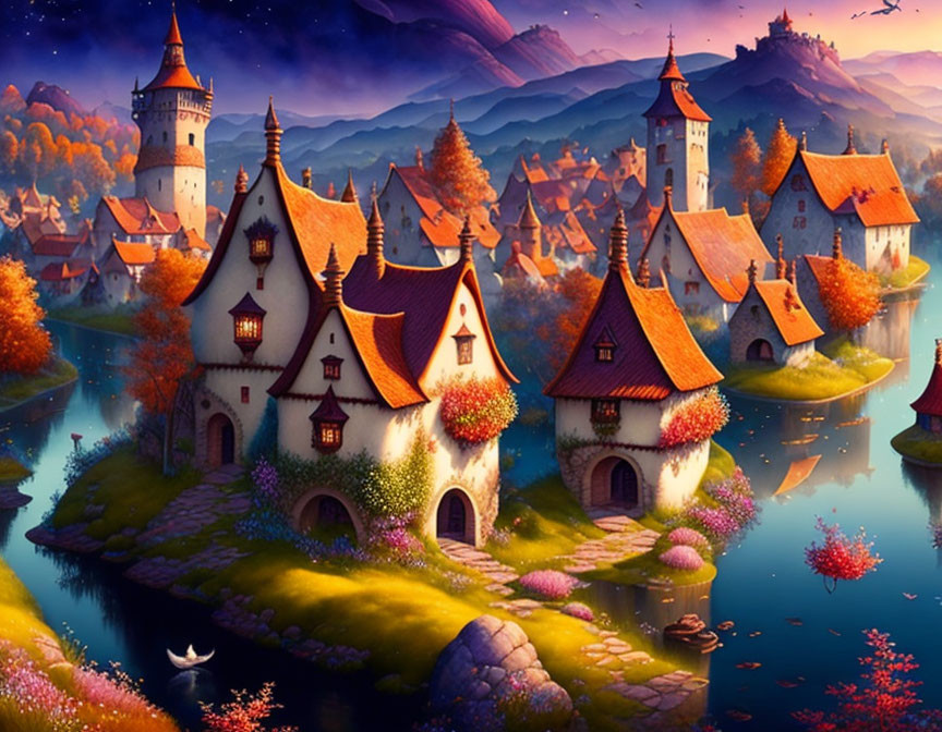 Colorful Fantasy Village with Castle Tower and Blooming Trees at Sunset