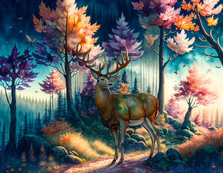 Majestic stag in autumn forest with mystical blue haze