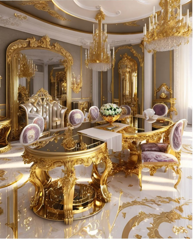 Luxurious Gold and White Room with Ornate Furniture and Chandeliers