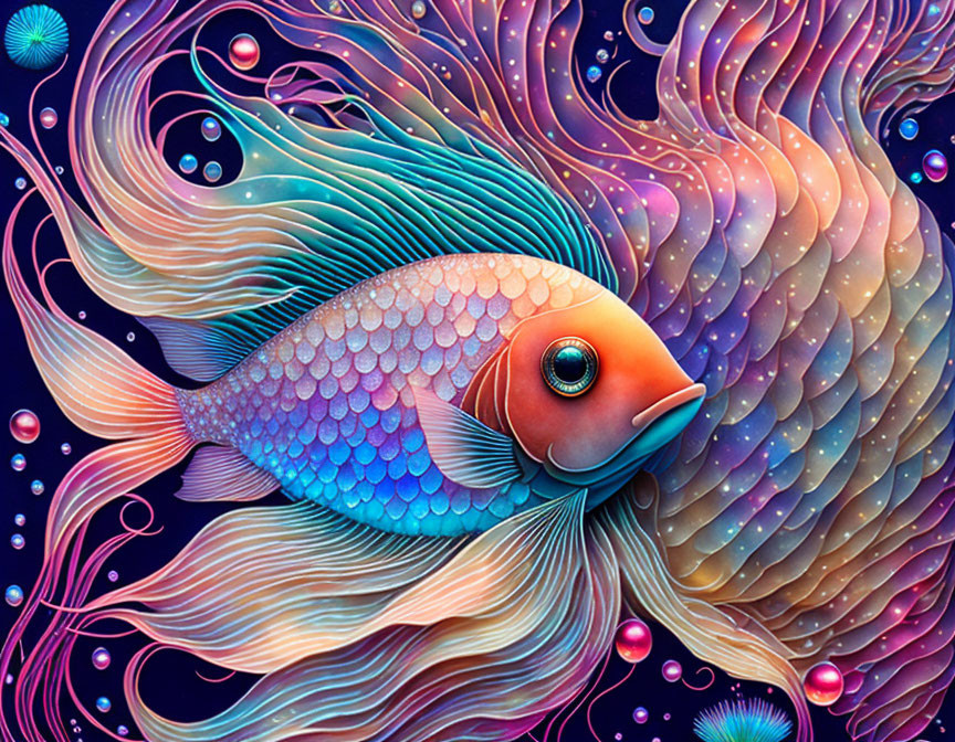 Colorful Stylized Fish Swimming in Surreal Underwater Scene