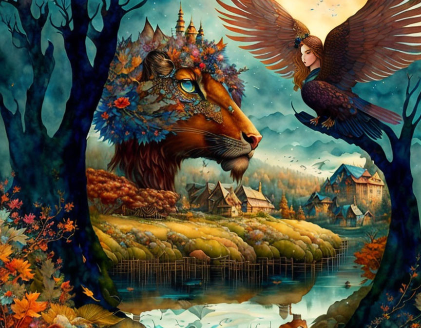 Illustration of majestic lion head merging with autumn landscape and woman on bird in village setting.