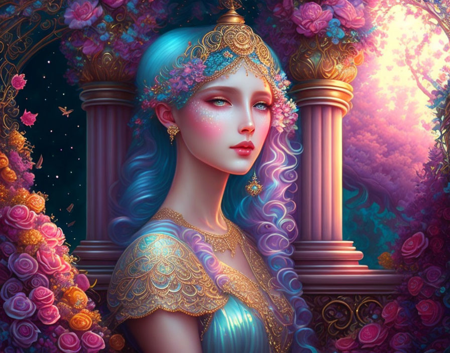 Illustrated fantasy female with blue hair and gold headdress in rose archway on vibrant background