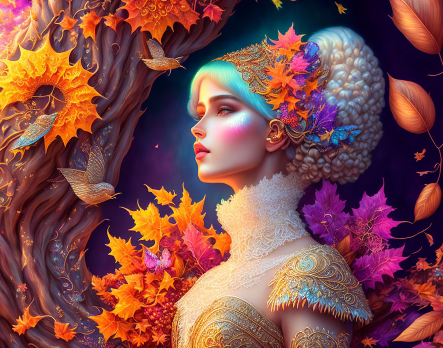 Woman merged with nature in autumn setting with golden leaves, fiery trees, and magical birds.