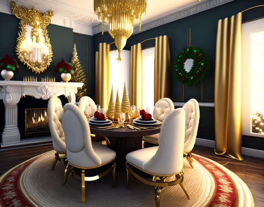 Festively Decorated Christmas Dining Room with Fireplace