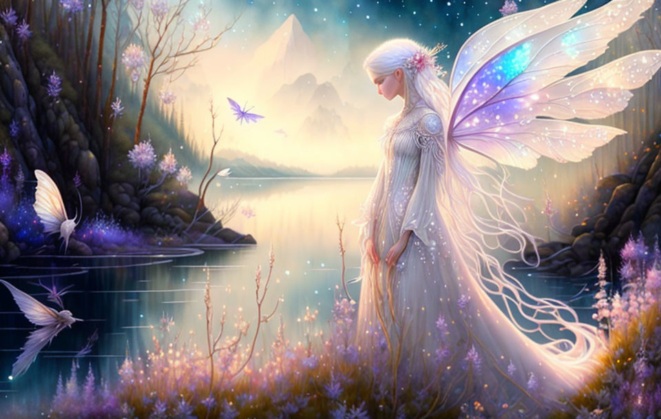 Fantasy scene: Graceful female with iridescent wings near tranquil lake