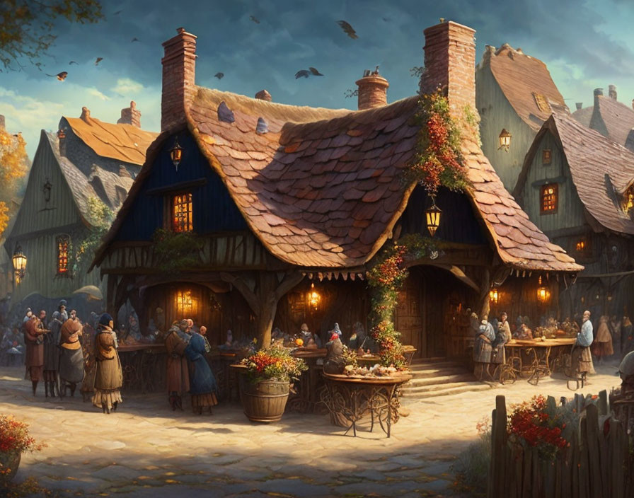 Medieval village scene with thatched-roof inn and socializing people