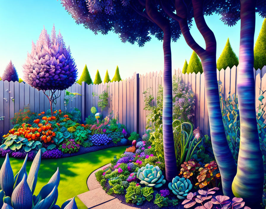 Colorful oversized plants in whimsical garden with neat pathway