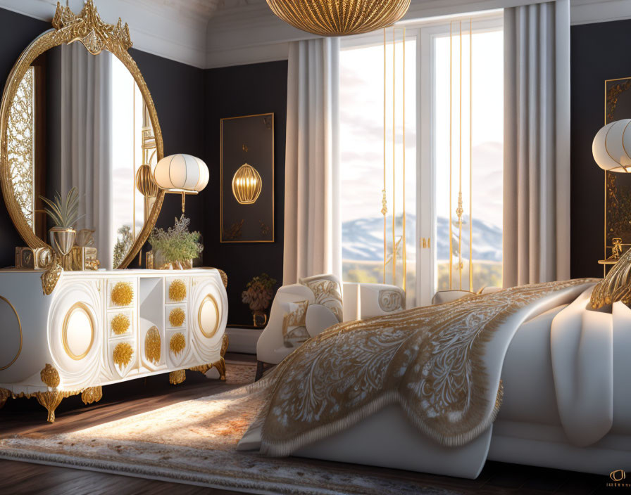 Luxurious White and Gold Themed Bedroom with Ornate Mirror and Elegant Furniture