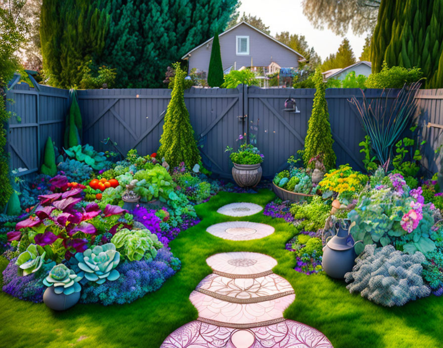 Colorful Flower Garden with Stepping Stones and Greenery