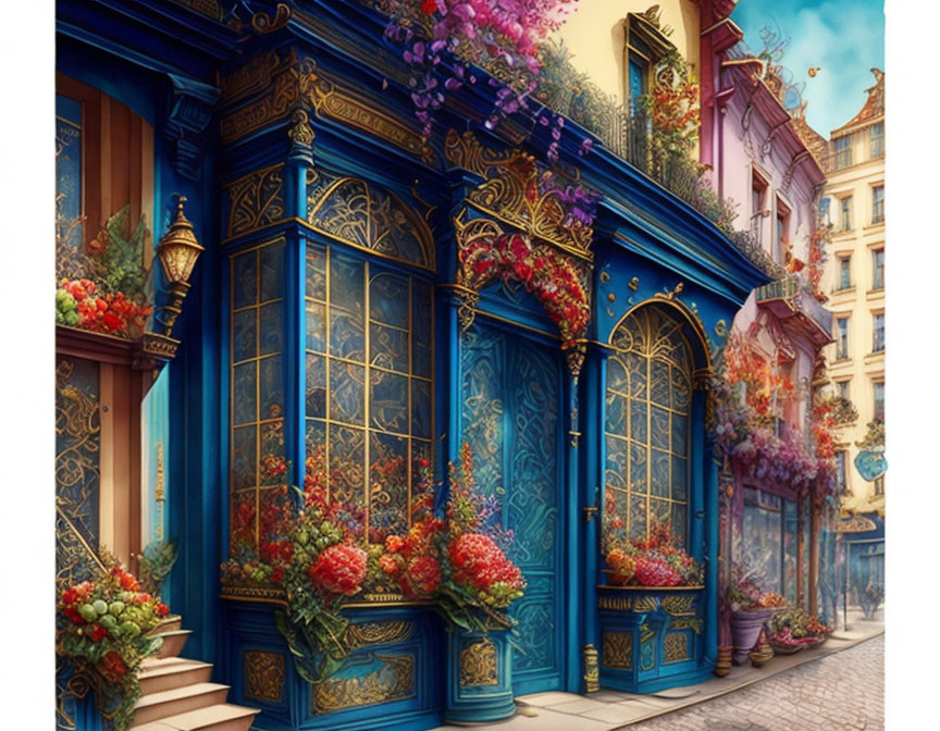 Colorful illustration of picturesque street with blue and pink buildings and blooming flowers