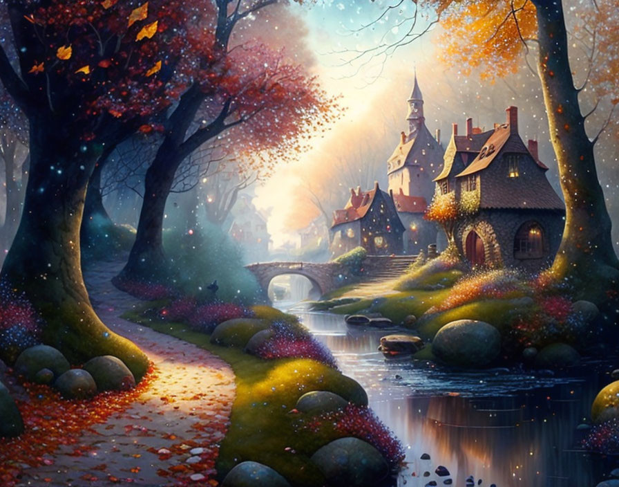 Enchanting autumnal fairytale village with cozy cottages and stone bridge