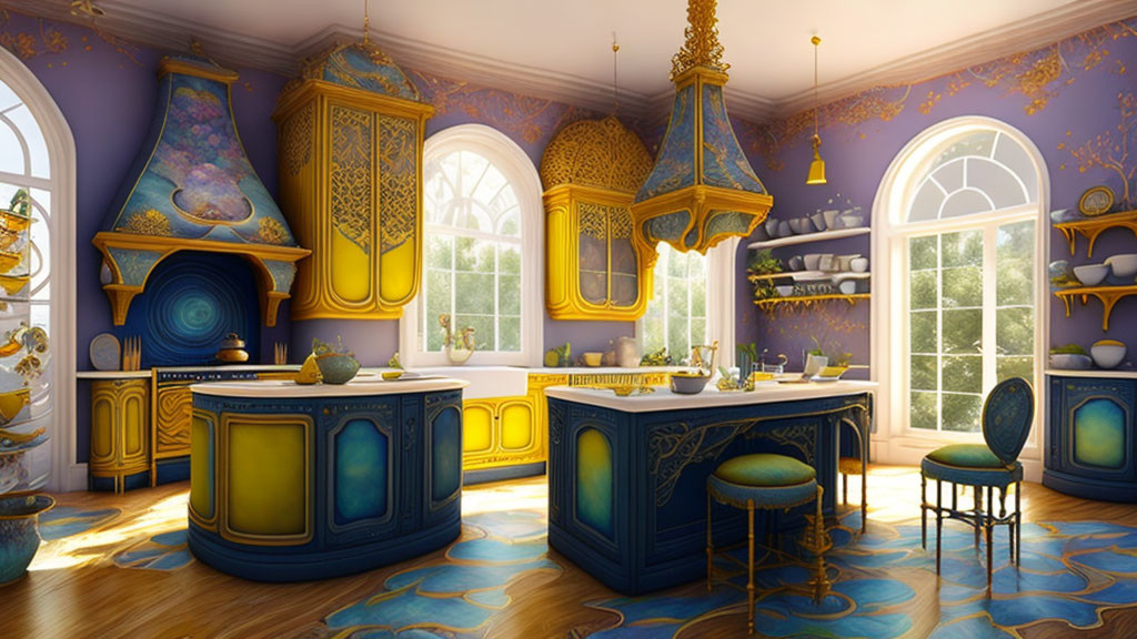 Luxurious Purple and Yellow Kitchen with Ornate Cabinets and Gold Accents