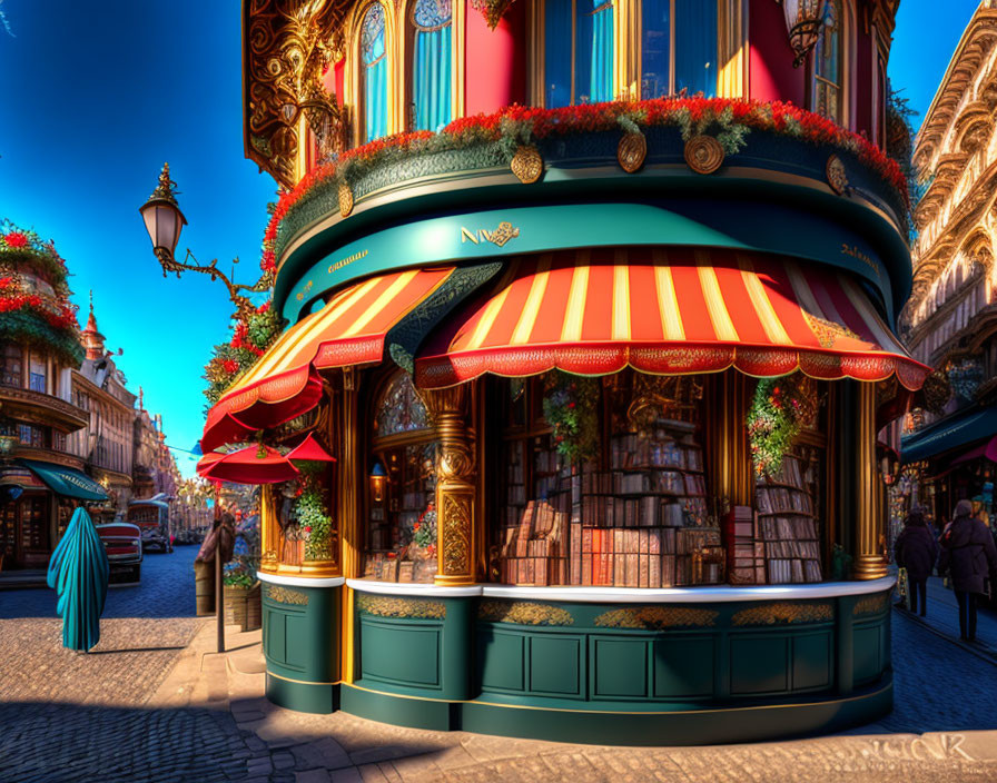 Cozy corner bookstore with red-striped awnings and greenery on cobblestone street