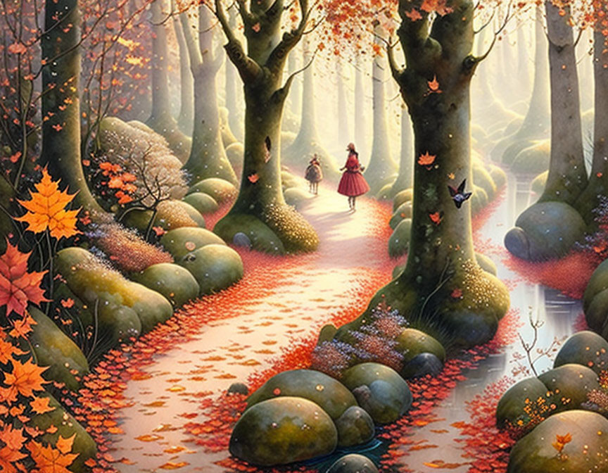 Autumn forest scene with two individuals walking along a leaf-lined path