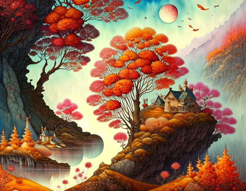 Vibrant trees, hilltop house, water reflection, sunset sky in fantasy landscape