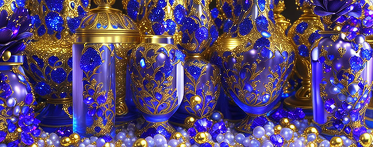 Elegant Blue and Gold Ornate Vases with Pearls and Gems