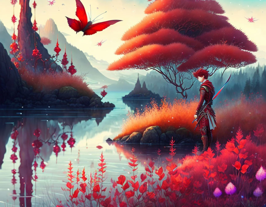 Warrior in Red Armor by Lake Surrounded by Vibrant Flora