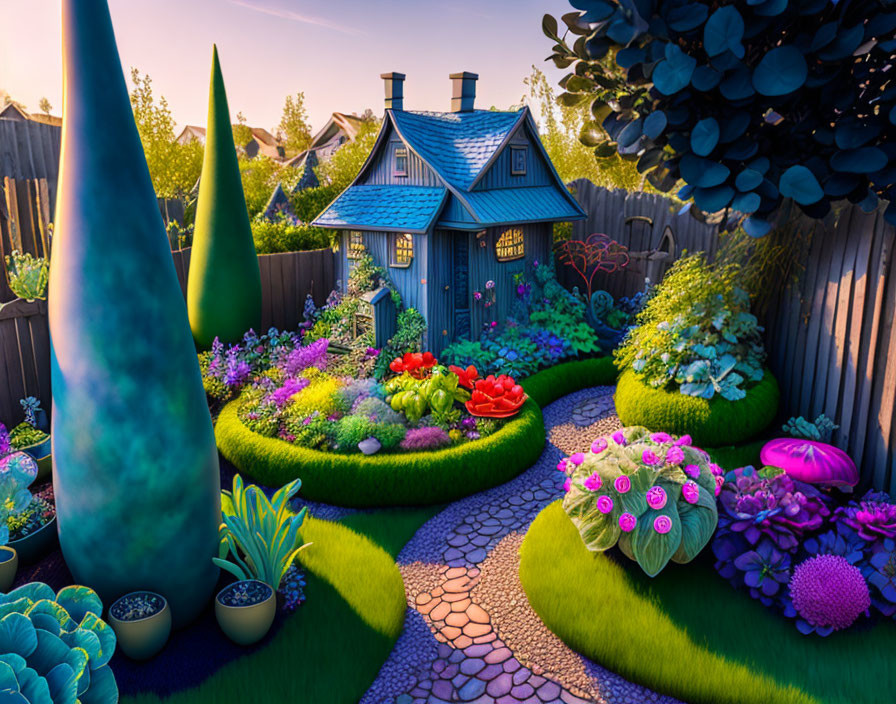 Colorful fairytale cottage with blue roof in lush garden setting