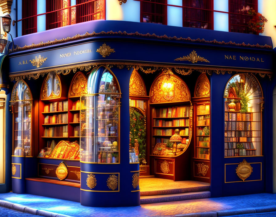 Blue and Gold Ornate Bookstore Facade with Illuminated Shelves