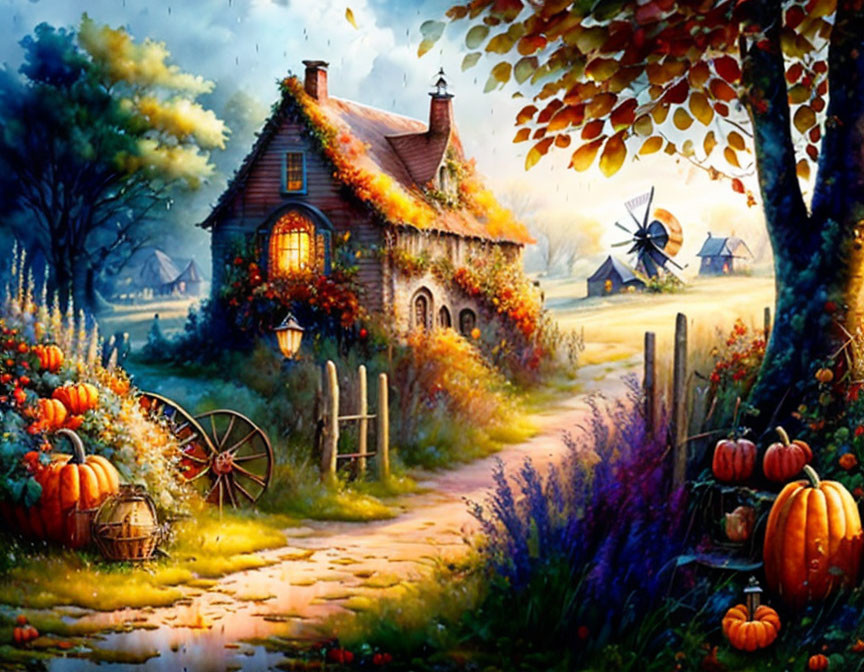 Cozy cottage with ivy, autumn foliage, pumpkins, and windmill in the background