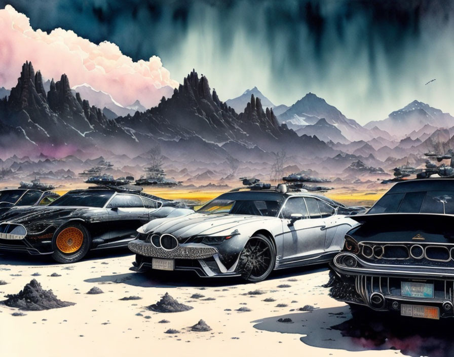 Stylized futuristic and classic cars in dystopian desert landscape