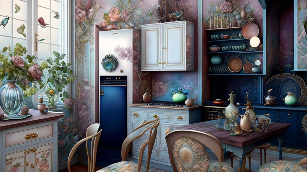 Vintage Kitchen with Blue Floral Wallpaper & Retro Fridge