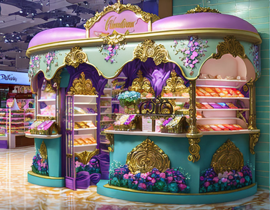 Colorful Patisserie Kiosk with Gold and Purple Details