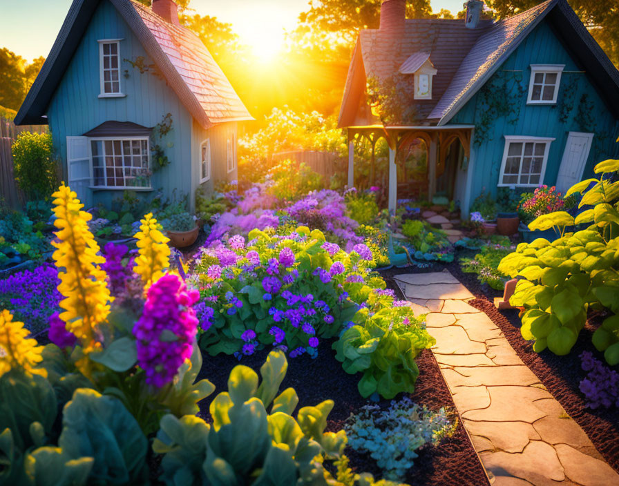 Blue Houses with Vibrant Garden Path and Sunset Glow